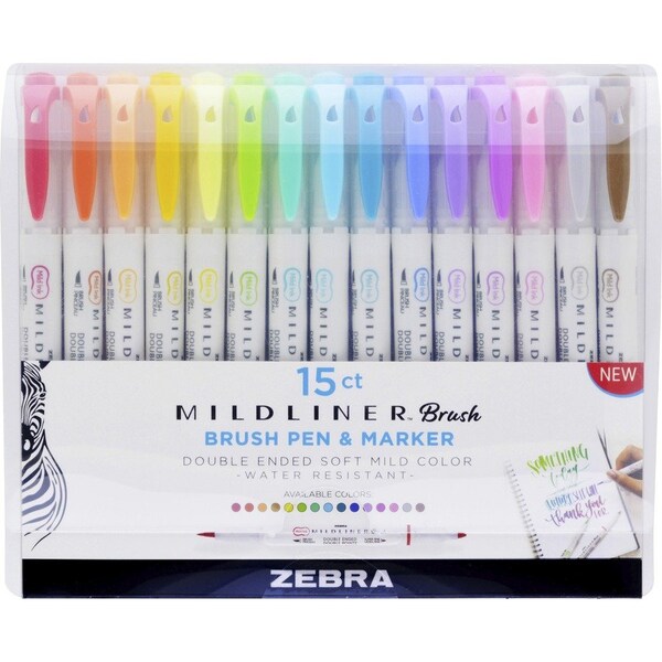 Brush Pen and Marker, 1/2"x1/2"x5-1/2", 15/PK, Assorted PK